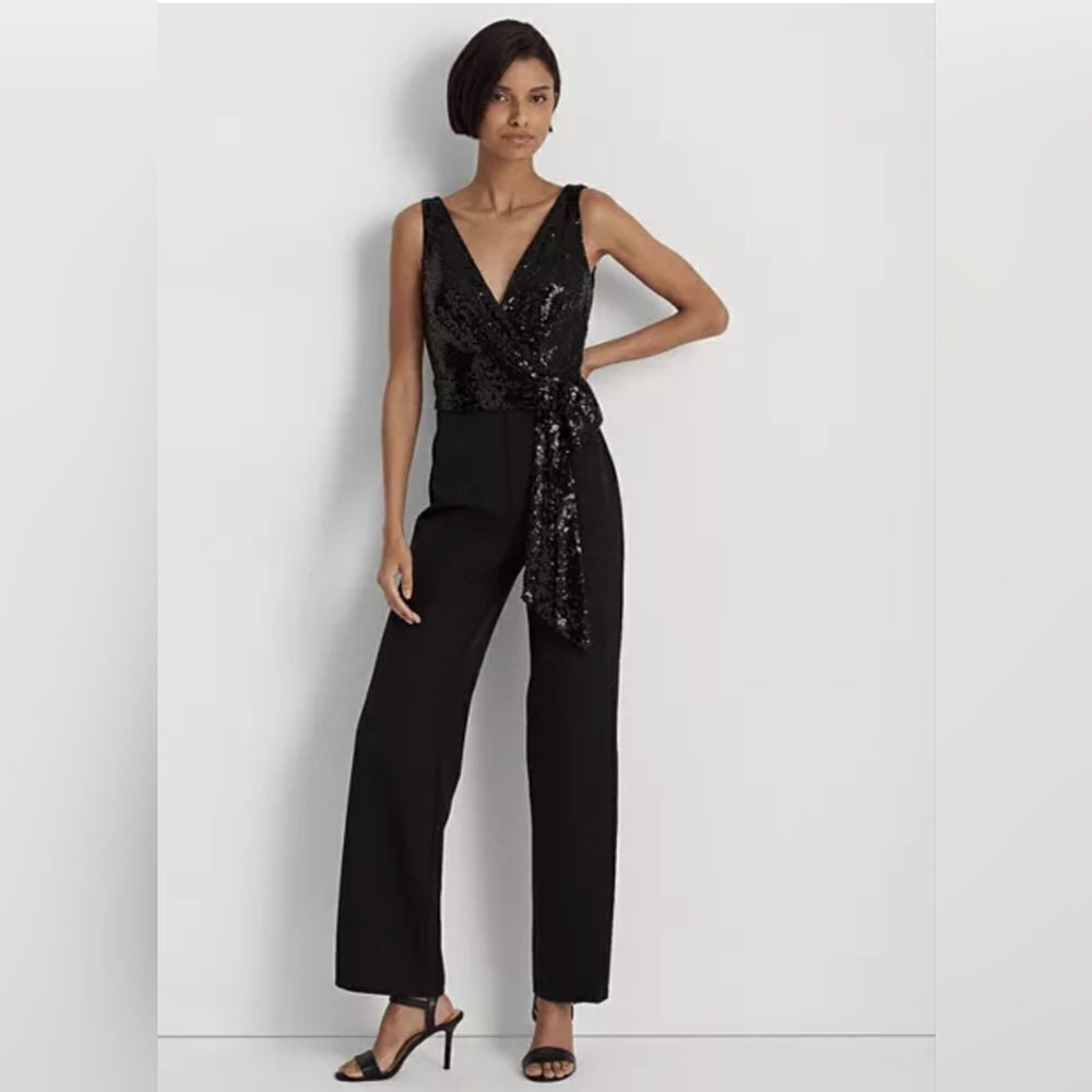Lauren Ralph Lauren Black Sequin Bodice Sleeveless Wide Leg Jumpsuit Size 2